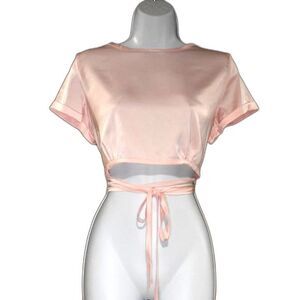 Tulum Sunrise Pink Satin Wrap Crop Top Size Large Short Sleeve Blouse